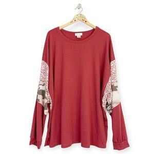 Riah Fashion Long Sleeve Mixed Print French Terry Top Women’s Plus 2X Brick Red